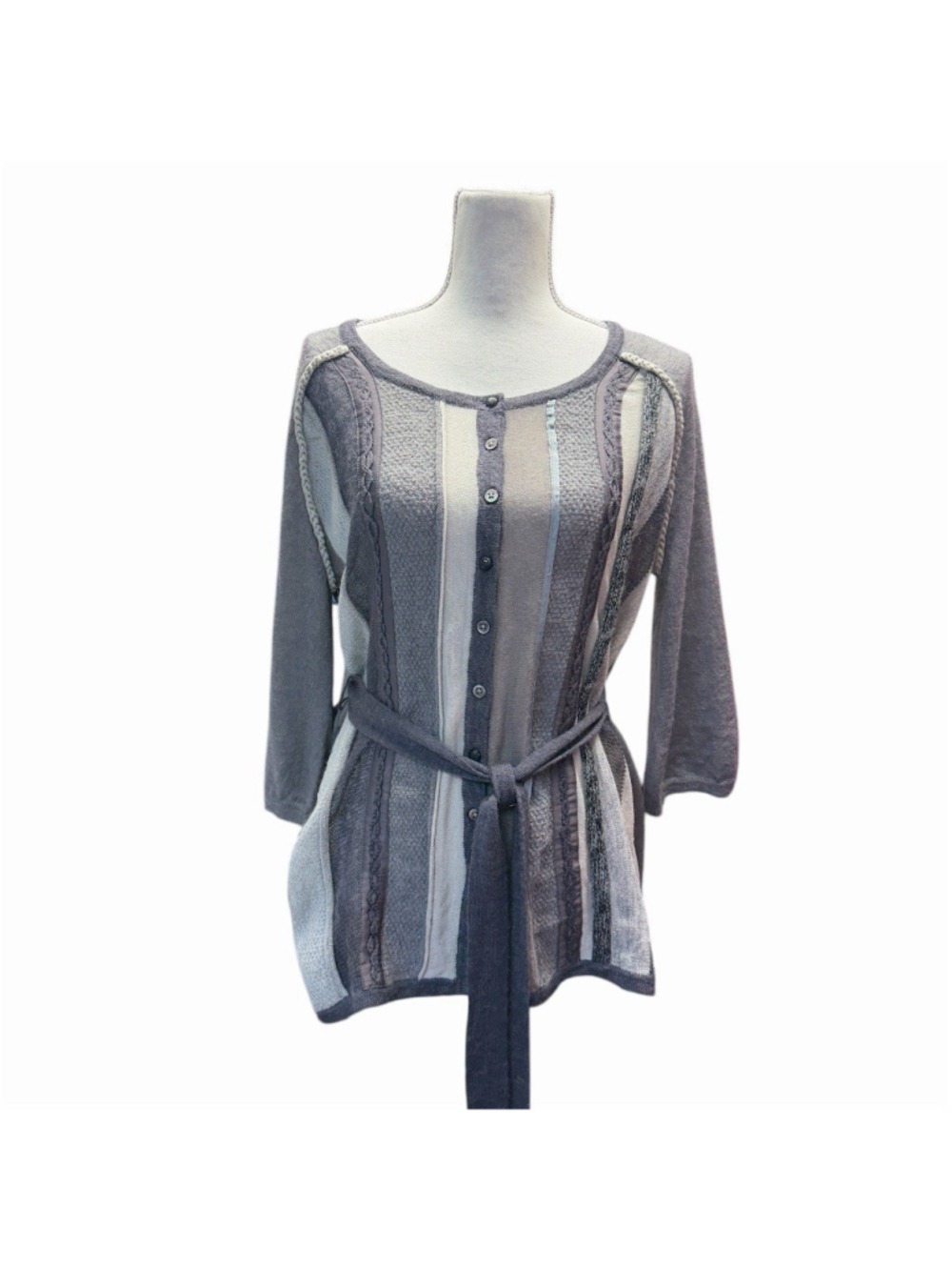 J. Jill Pure Jill Cardigan Sweater Womens L Gray Colorblock Belted Mohair Wool
